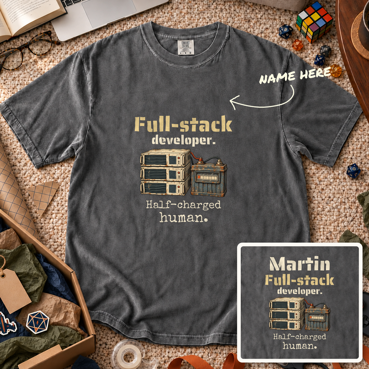 Half-Charged Human Custom Shirt — personalized Pepper Comfort Colors 1717