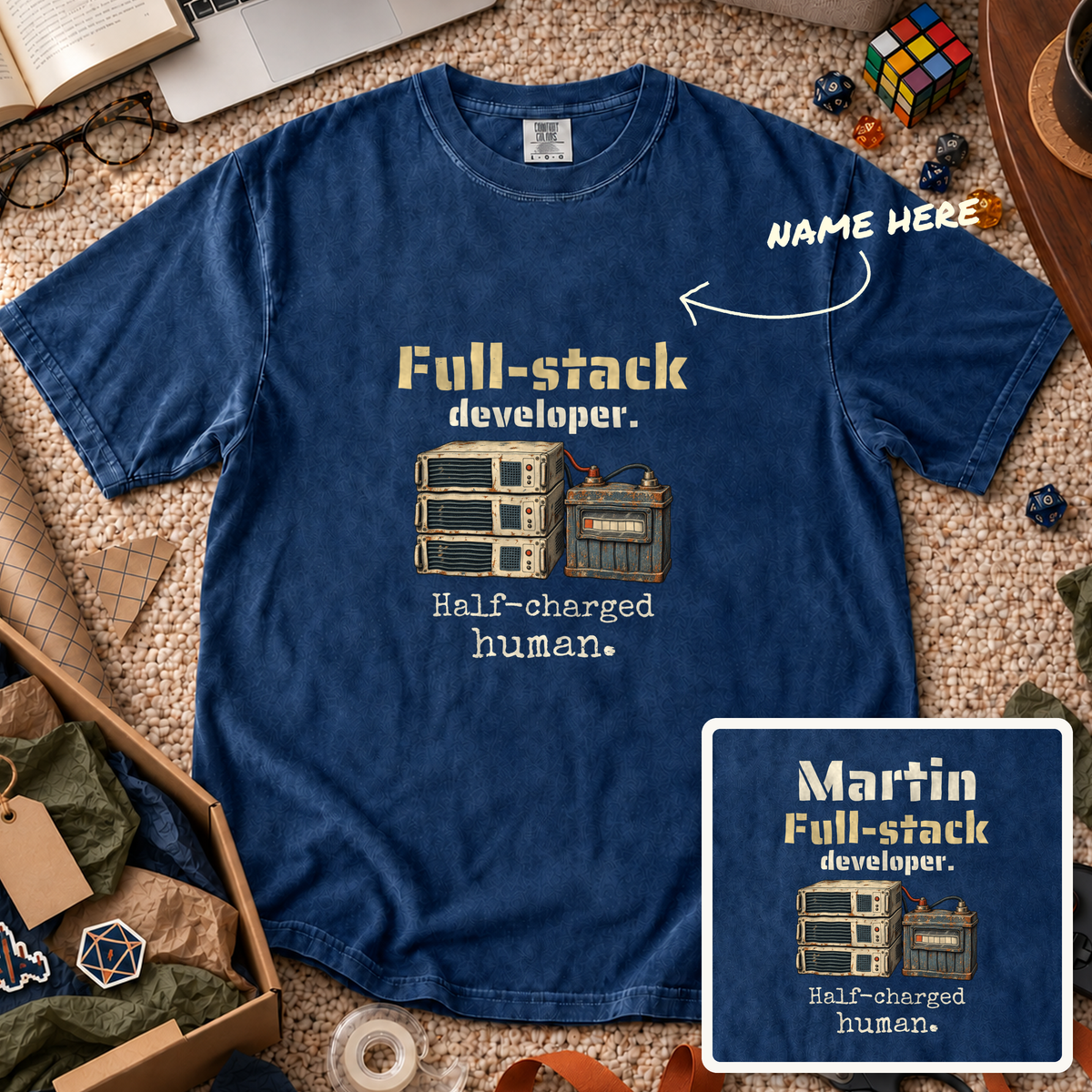 Half-Charged Human Custom Shirt — personalized True Navy Comfort Colors 1717