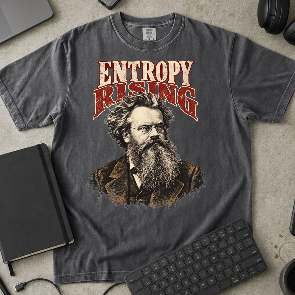 Entropy Rising Shirt — Pepper Comfort Colors 1717 flat lay