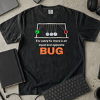 For Every Fix There Is an Equal and Opposite Bug Shirt — Black Comfort Colors 1717 flat lay