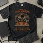 Everything Is Staged for Sacrifice Shirt — Black Comfort Colors 1717 flat lay