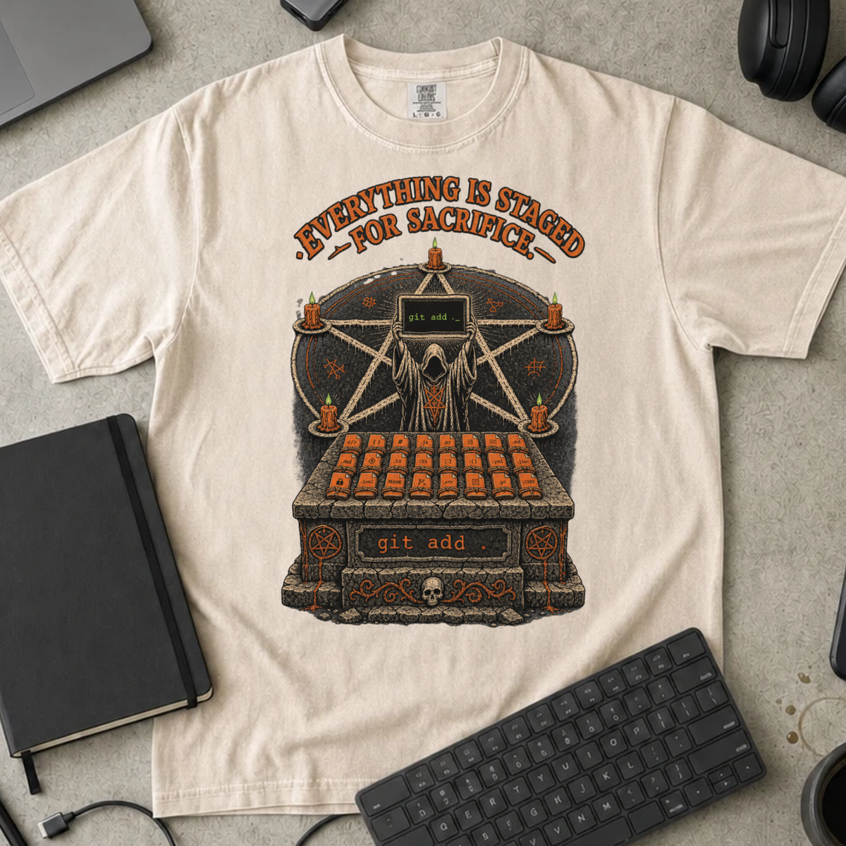 Everything Is Staged for Sacrifice Shirt — Ivory Comfort Colors 1717 flat lay