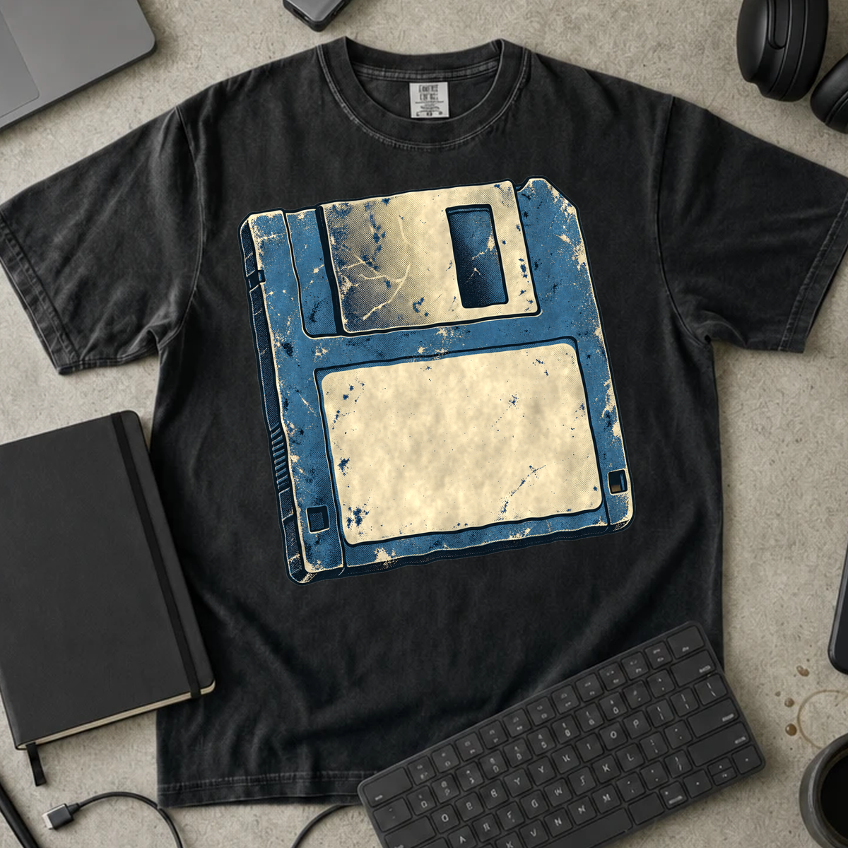 Floppy Disk Shirt — Black Comfort Colors 1717 flat lay