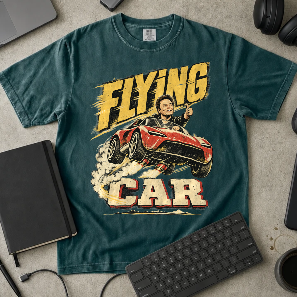 Flying Car Shirt — Blue Spruce Comfort Colors 1717 flat lay