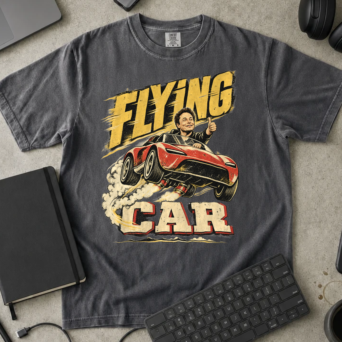 Flying Car Shirt — Pepper Comfort Colors 1717 flat lay