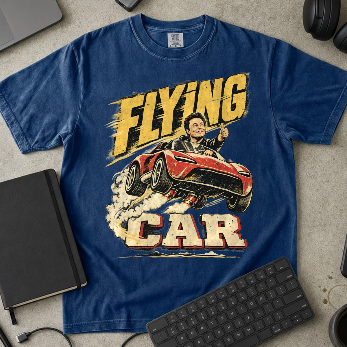 Flying Car Shirt — True Navy Comfort Colors 1717 flat lay