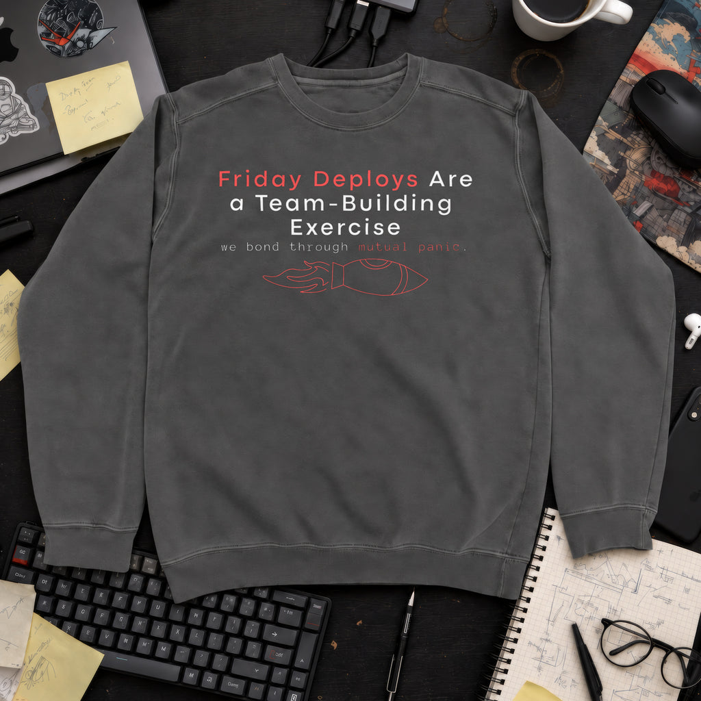 friday deploys = team building Sweatshirt — Pepper