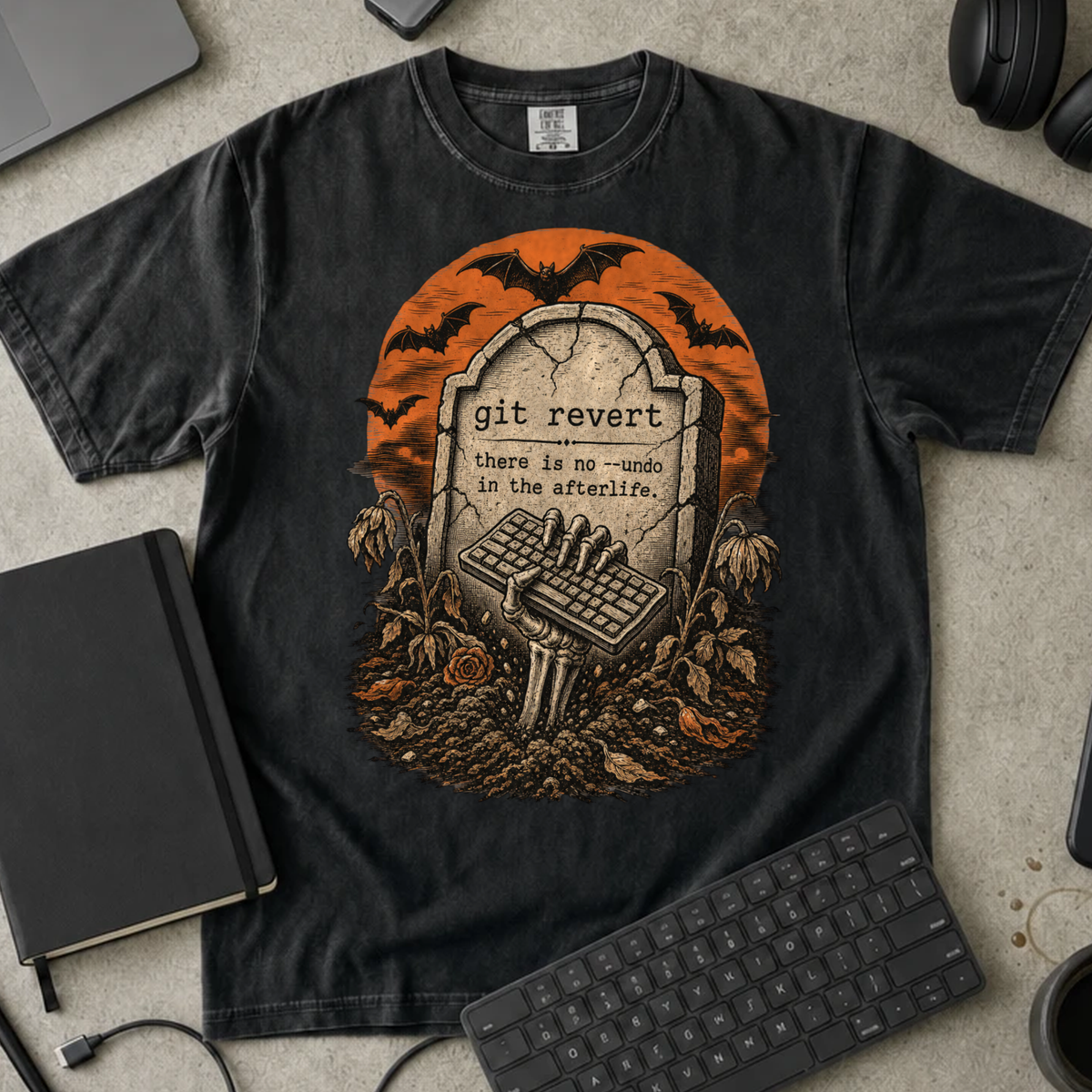 Git Revert No Undo in the Afterlife Shirt — Black Comfort Colors 1717 flat lay
