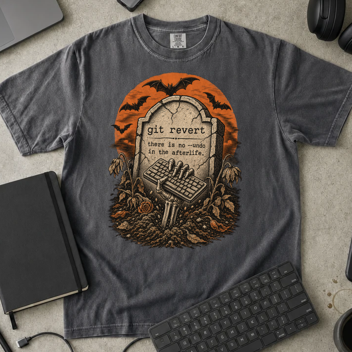 Git Revert No Undo in the Afterlife Shirt — Pepper Comfort Colors 1717 flat lay