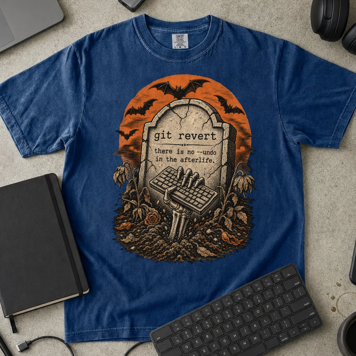 Git Revert No Undo in the Afterlife Shirt — True Navy Comfort Colors 1717 flat lay