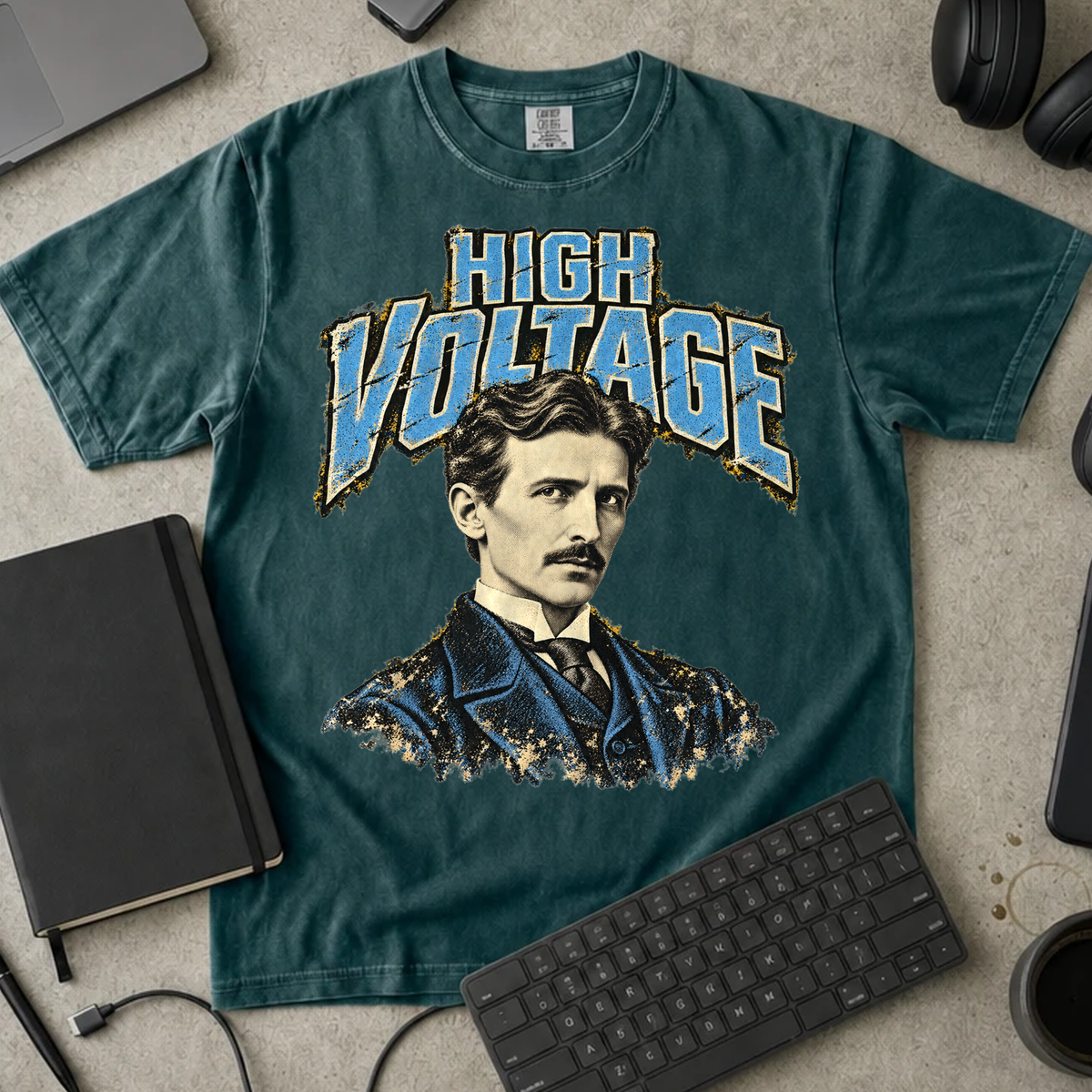High Voltage Shirt — Blue Spruce Comfort Colors 1717 flat lay