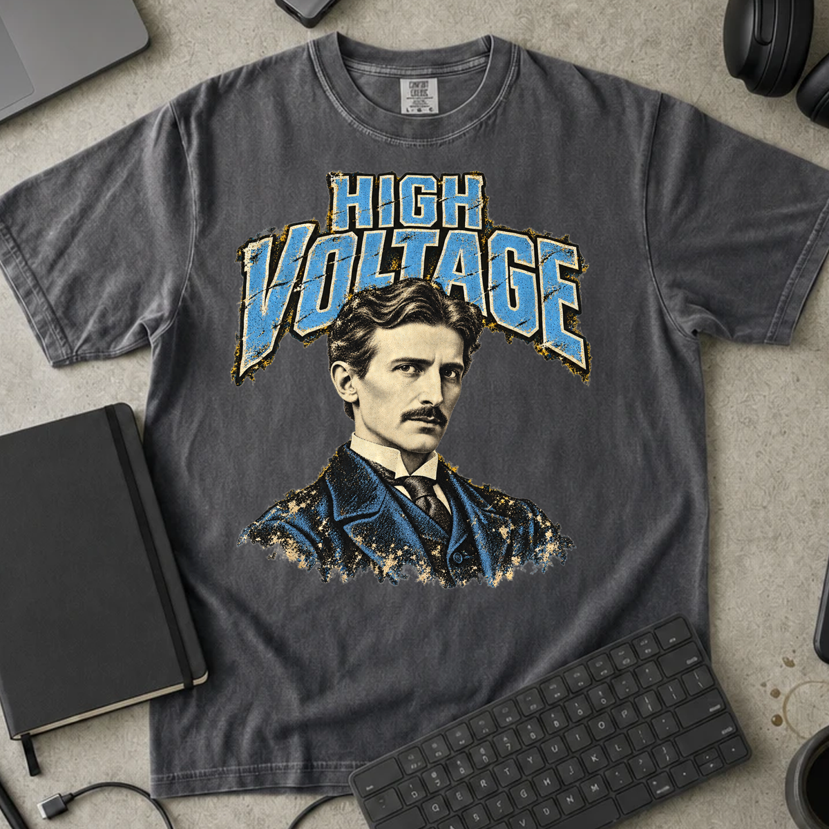 High Voltage Shirt — Pepper Comfort Colors 1717 flat lay