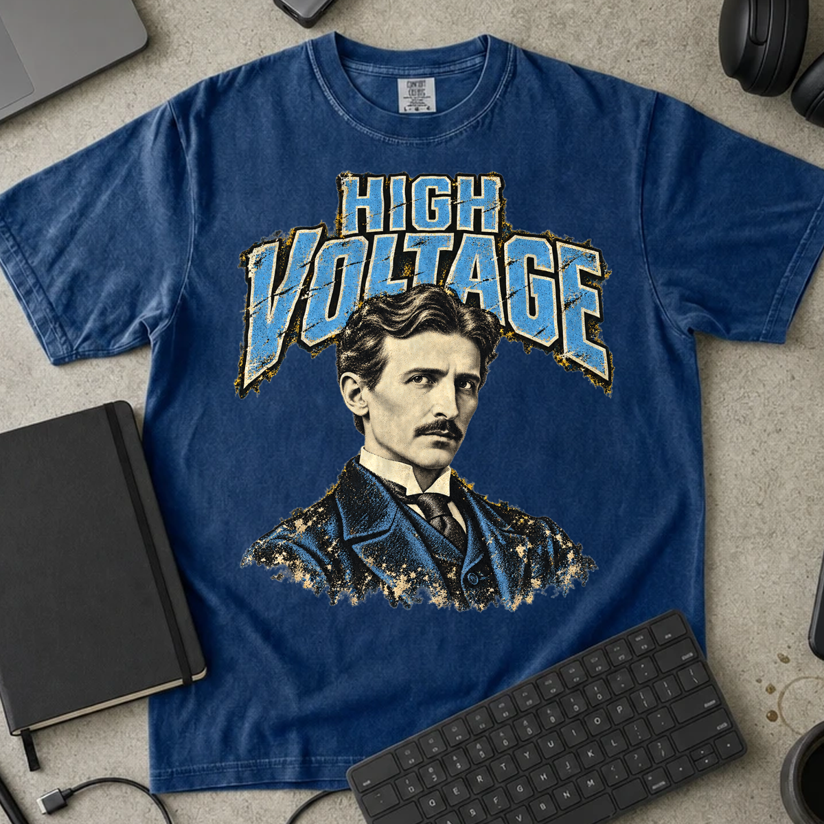 High Voltage Shirt — True Navy Comfort Colors 1717 flat lay