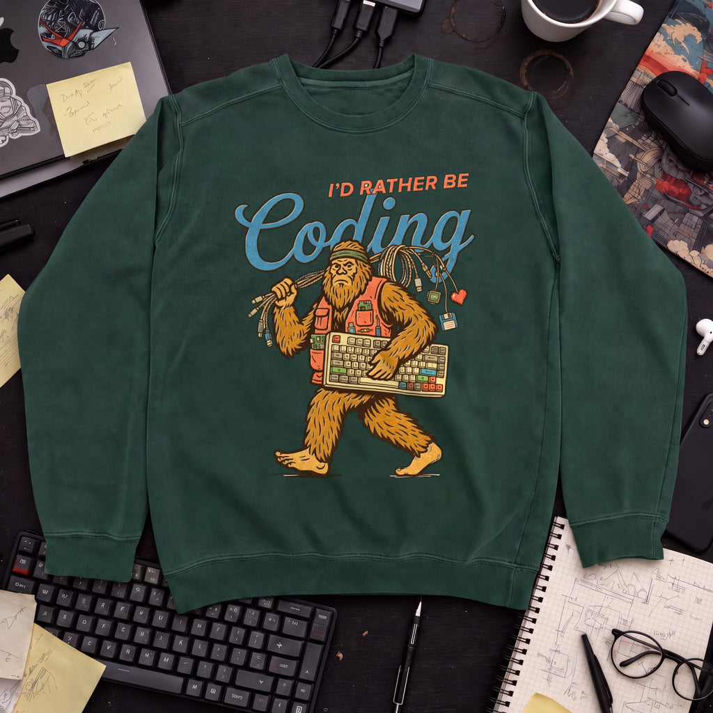 I'd Rather Be Coding Bigfoot Sweatshirt — Bottle Green