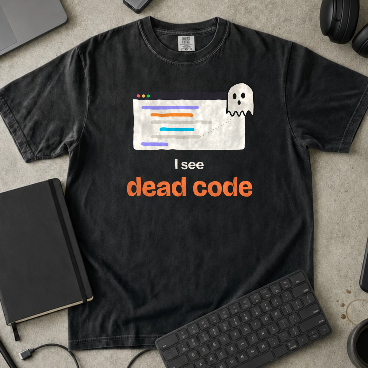 I See Dead Code Shirt — Black Comfort Colors 1717 flat lay