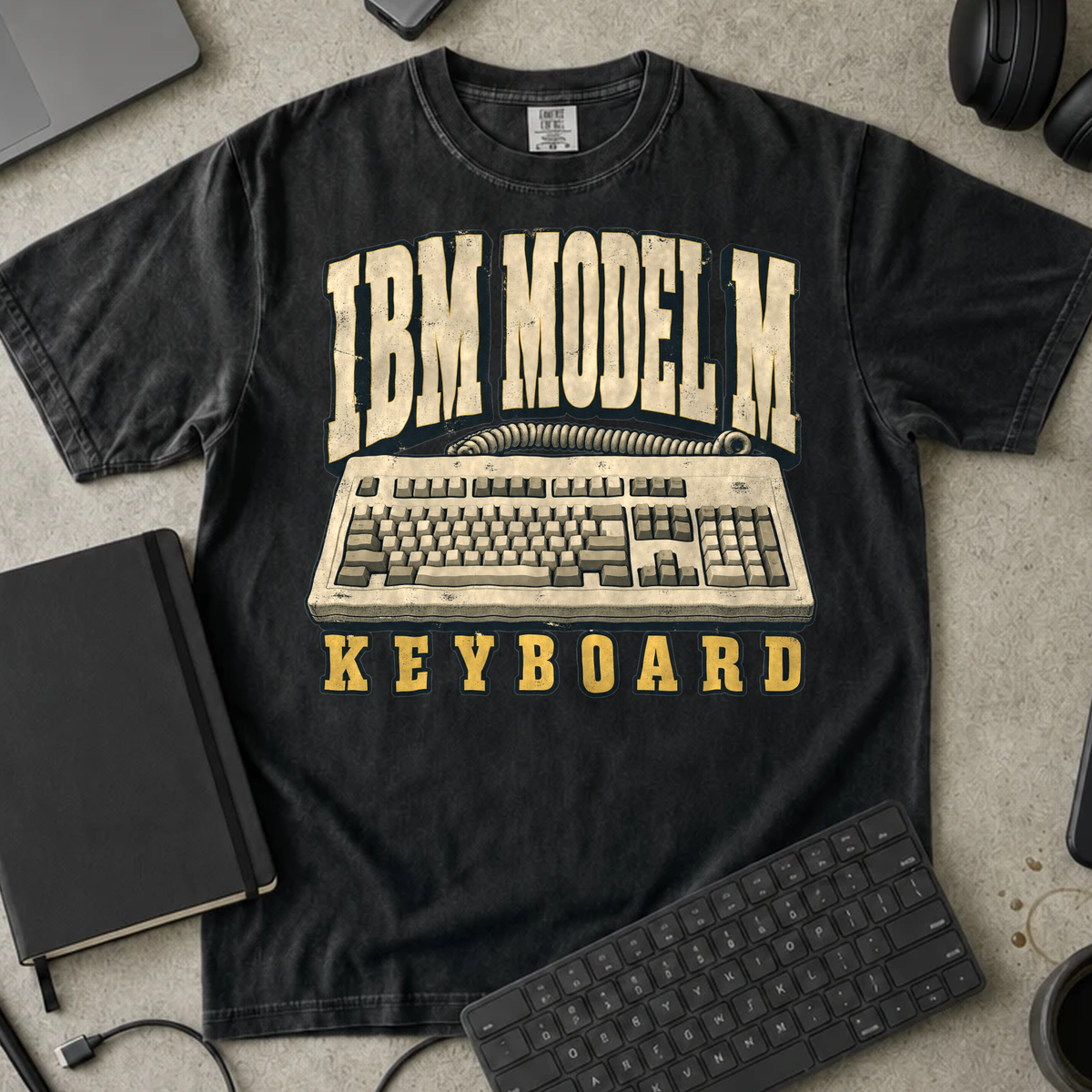 IBM Model M Keyboard Shirt — Black Comfort Colors 1717 flat lay