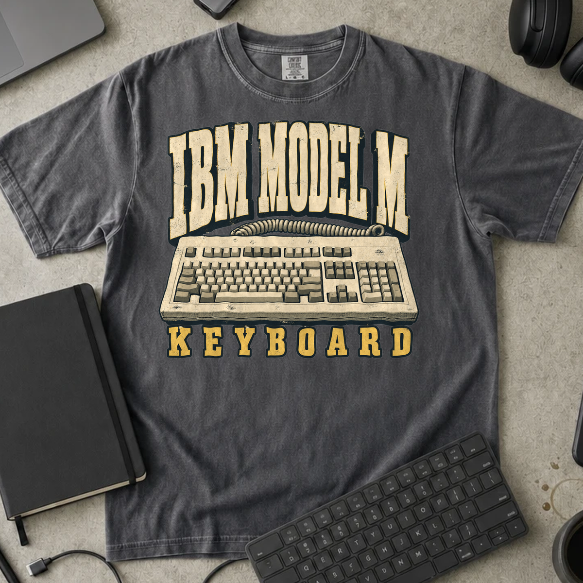 IBM Model M Keyboard Shirt — Pepper Comfort Colors 1717 flat lay
