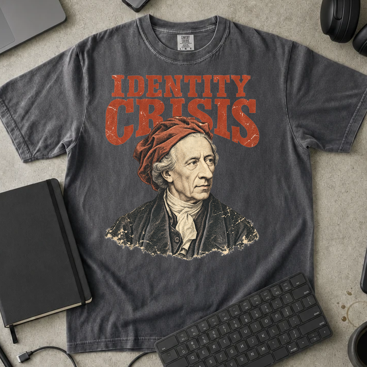 Identity Crisis Shirt — Pepper Comfort Colors 1717 flat lay