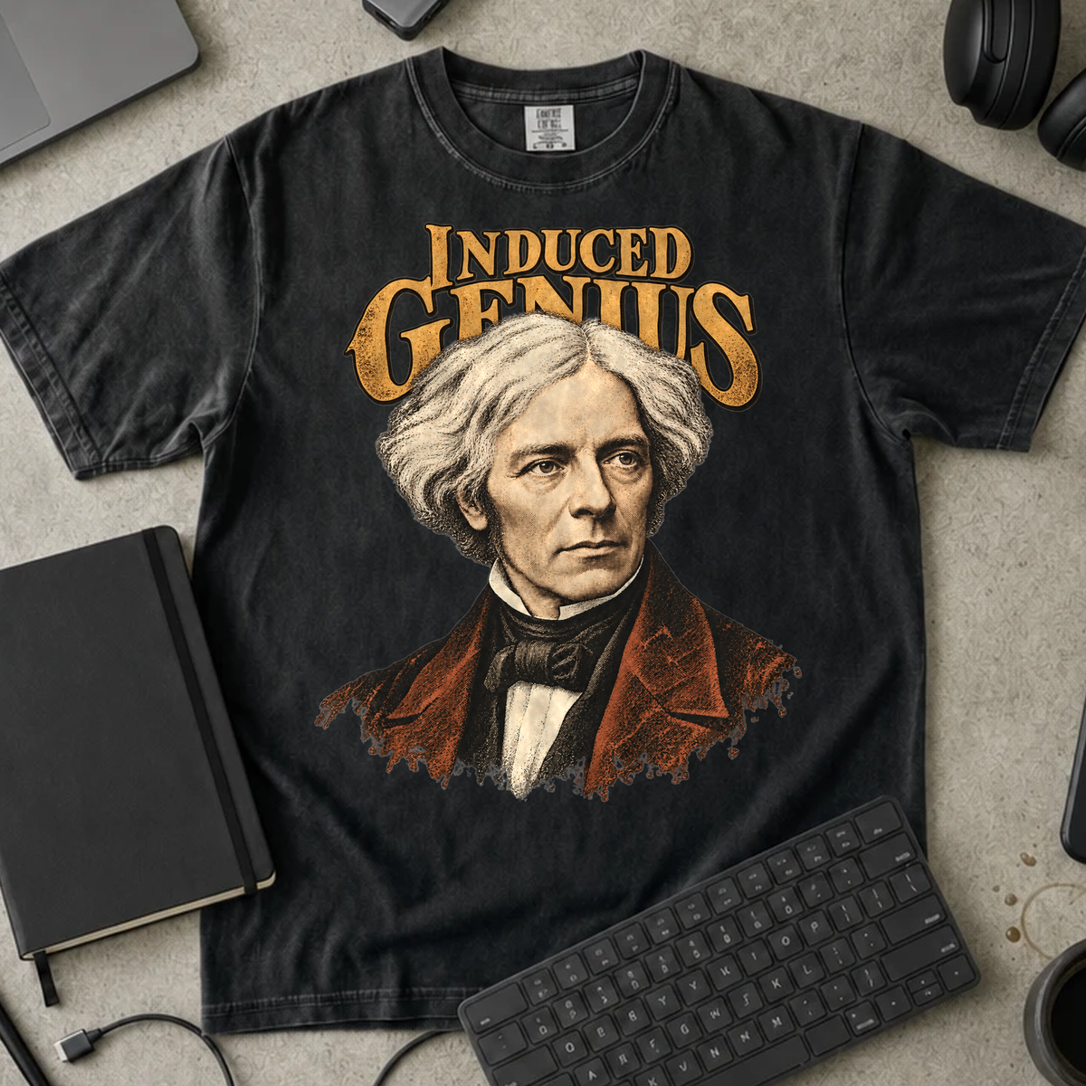 Induced Genius Shirt — Black Comfort Colors 1717 flat lay