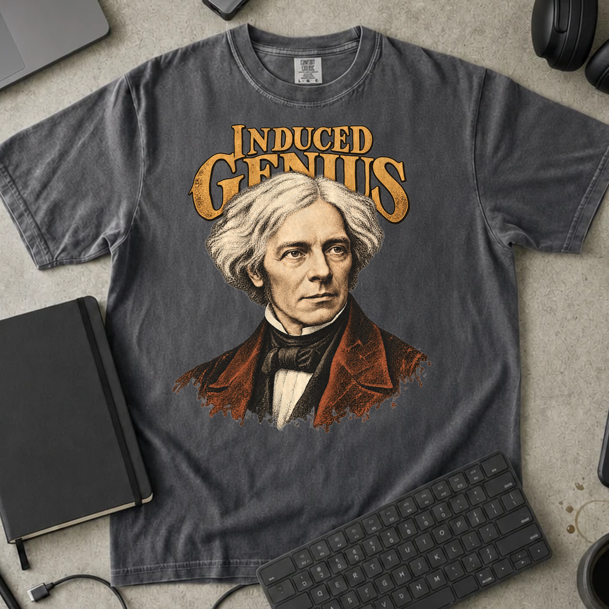 Induced Genius Shirt — Pepper Comfort Colors 1717 flat lay