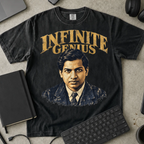 Infinite Genius Shirt — Black Comfort Colors 1717 flat lay
