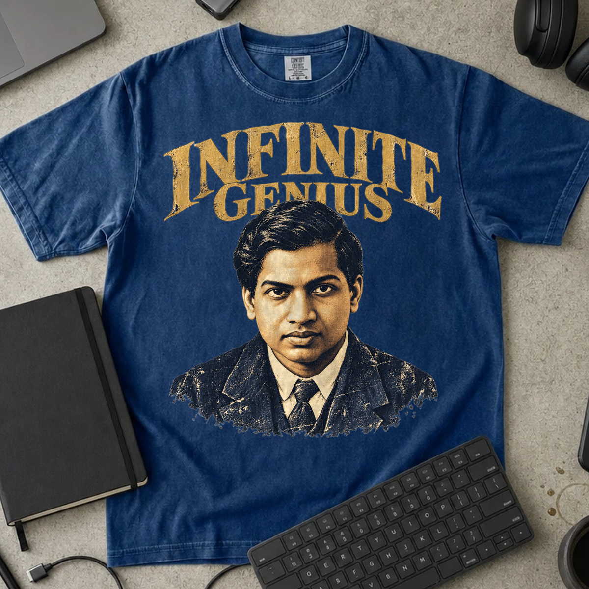Infinite Genius Shirt — True Navy Comfort Colors 1717 flat lay