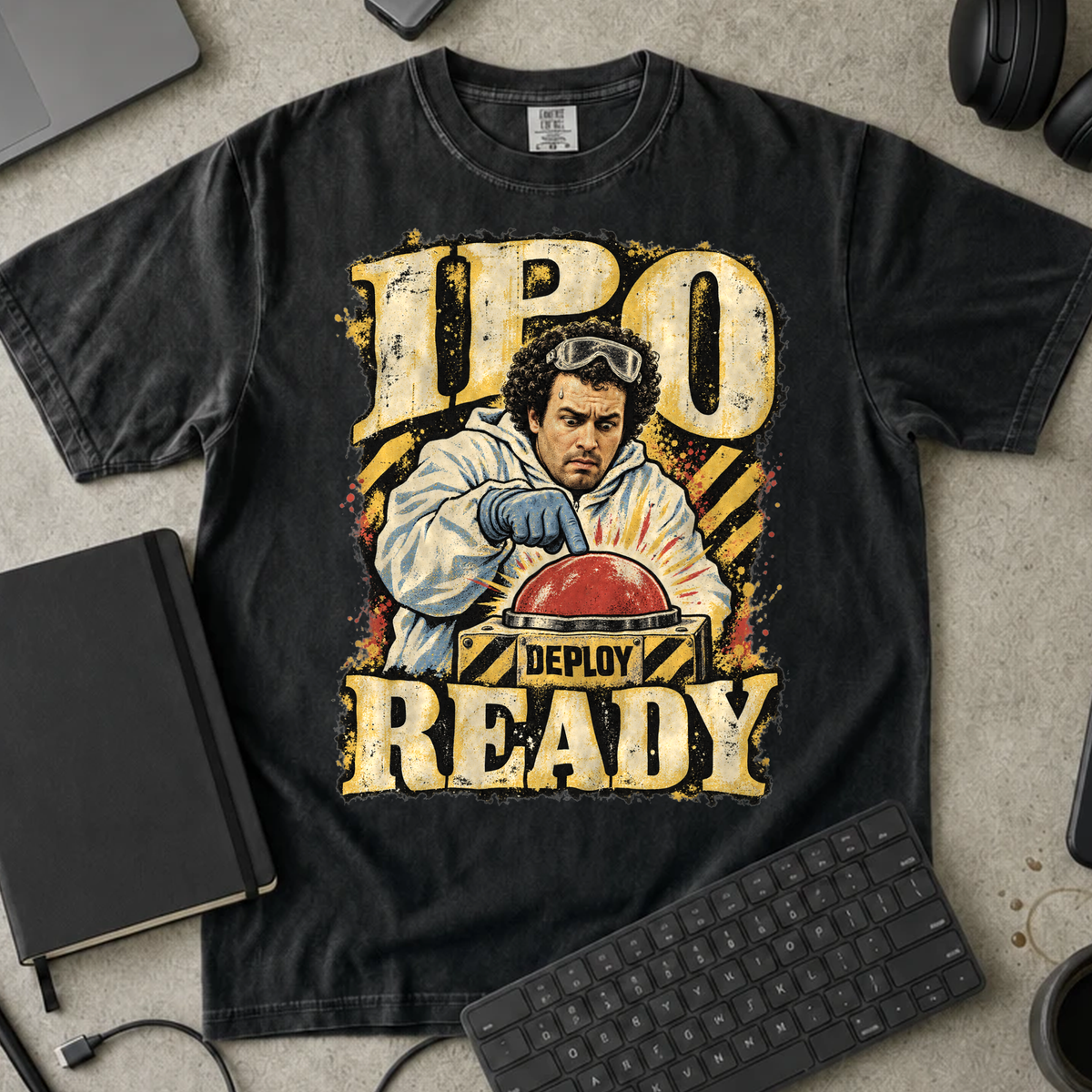 IPO Ready Shirt — Black Comfort Colors 1717 flat lay