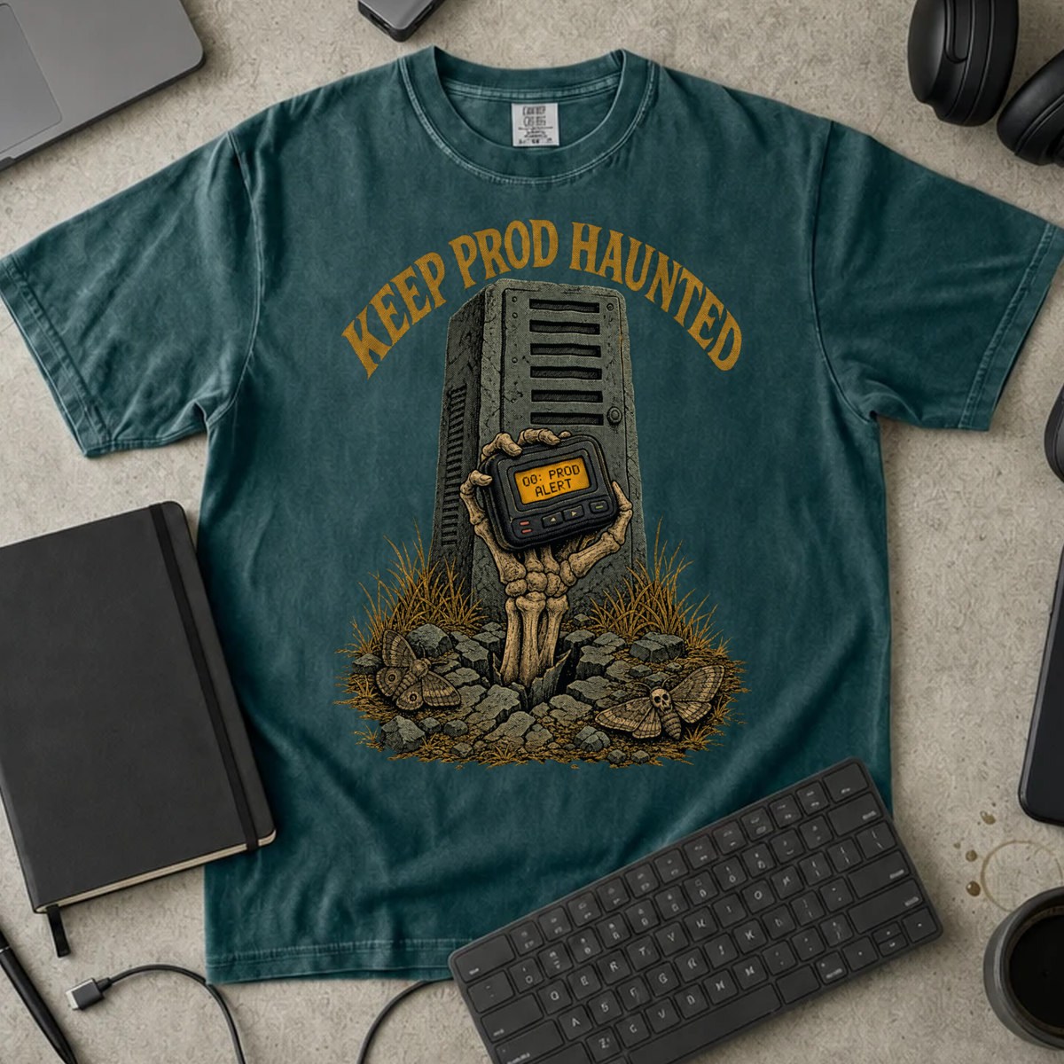 Keep Prod Haunted Shirt — Blue Spruce Comfort Colors 1717 flat lay
