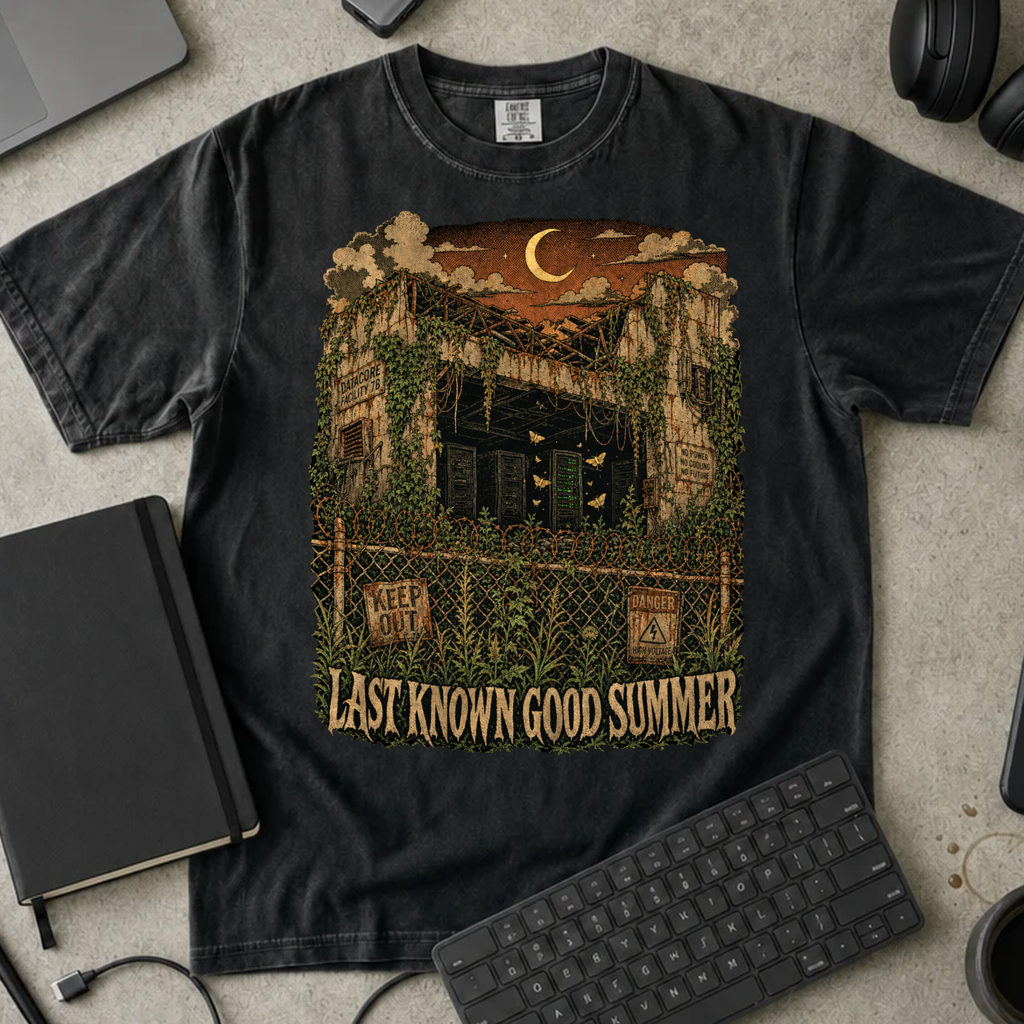 Last Known Good Summer Shirt — Black Comfort Colors 1717 flat lay