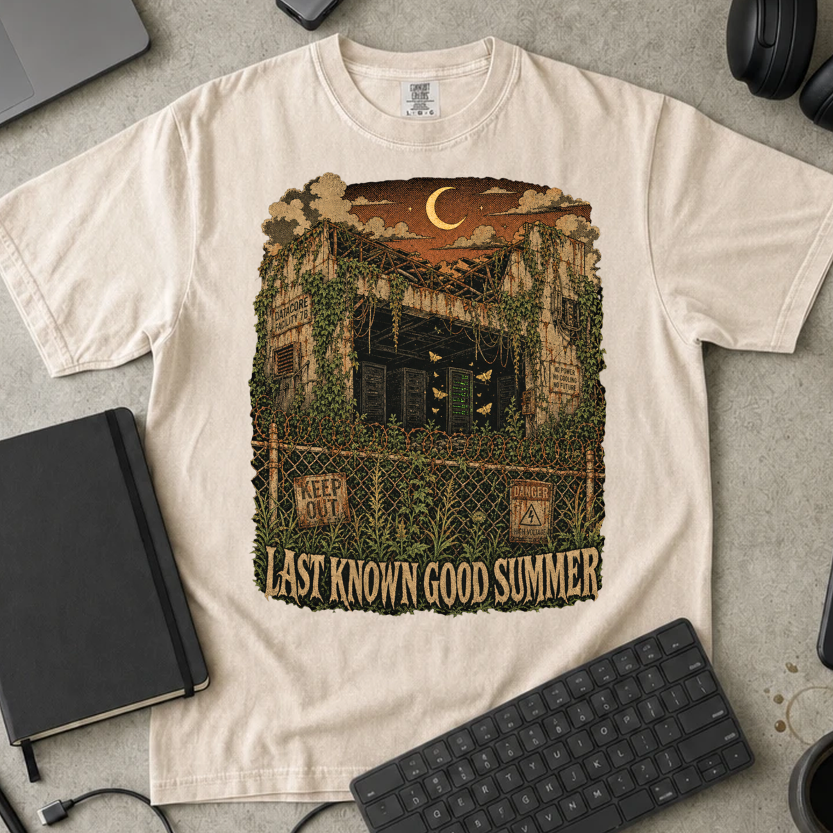 Last Known Good Summer Shirt — Ivory Comfort Colors 1717 flat lay