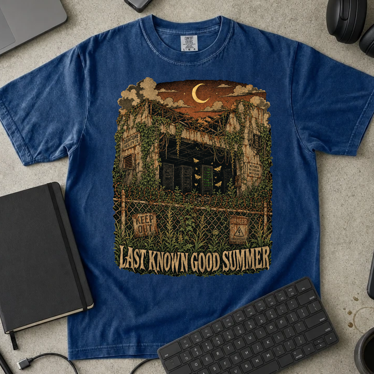 Last Known Good Summer Shirt — True Navy Comfort Colors 1717 flat lay
