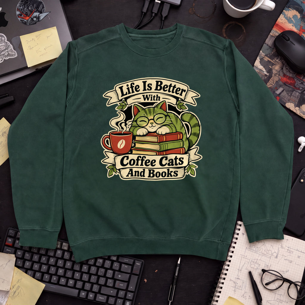 Life Is Better With Coffee Cats And Books Sweatshirt — Bottle Green