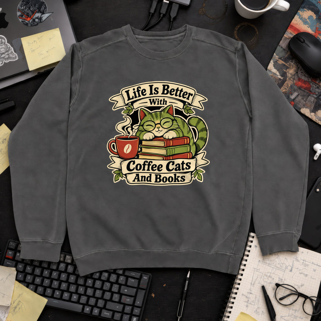 Life Is Better With Coffee Cats And Books Sweatshirt — Pepper