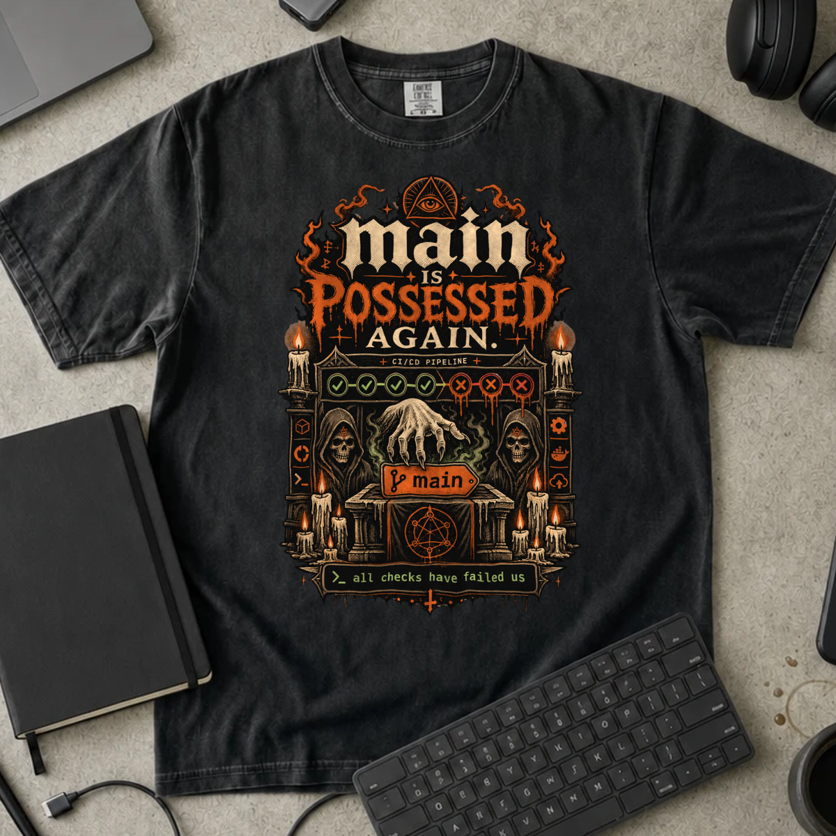 Main Is Possessed Again Shirt — Black Comfort Colors 1717 flat lay