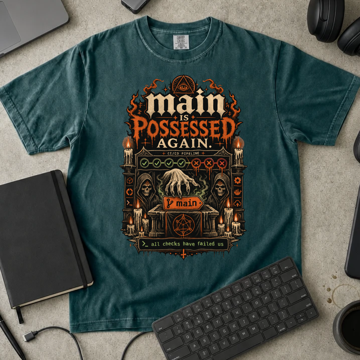 Main Is Possessed Again Shirt — Blue Spruce Comfort Colors 1717 flat lay