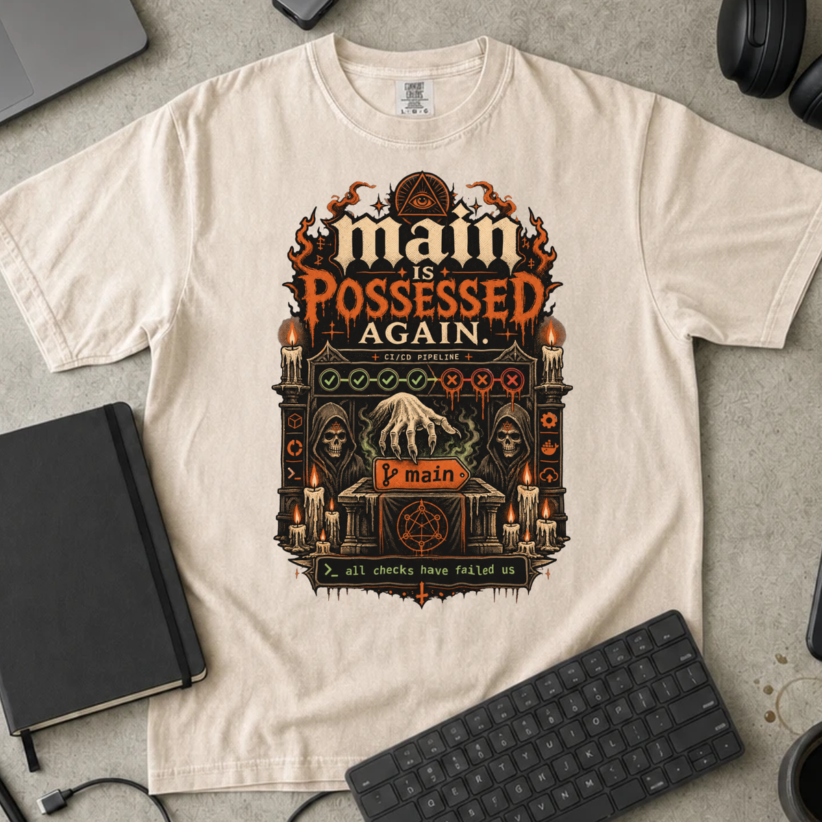 Main Is Possessed Again Shirt — Ivory Comfort Colors 1717 flat lay