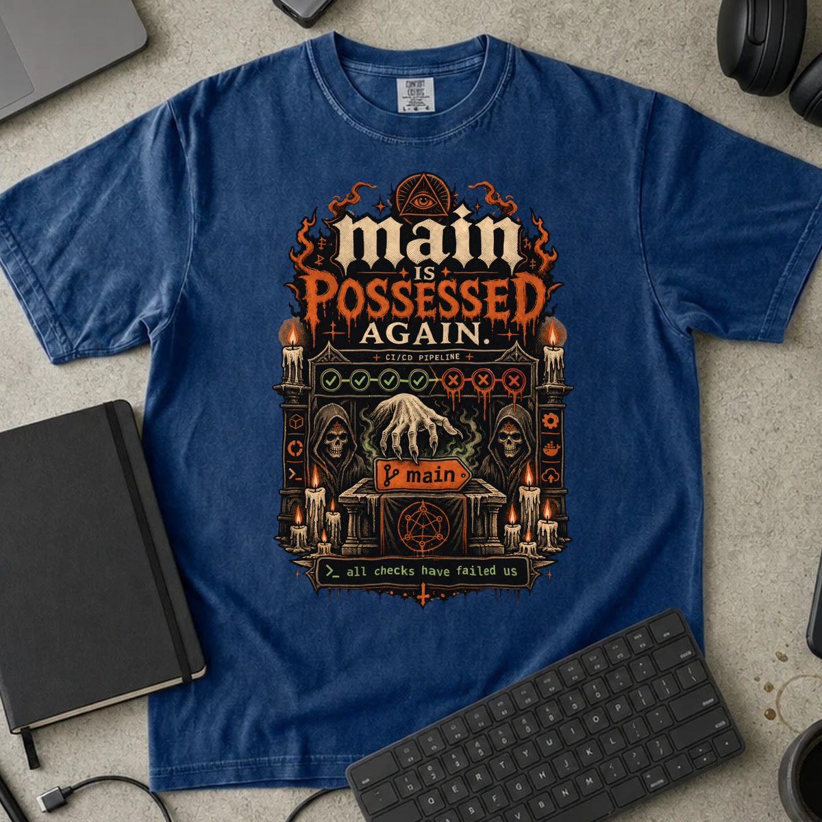 Main Is Possessed Again Shirt — True Navy Comfort Colors 1717 flat lay