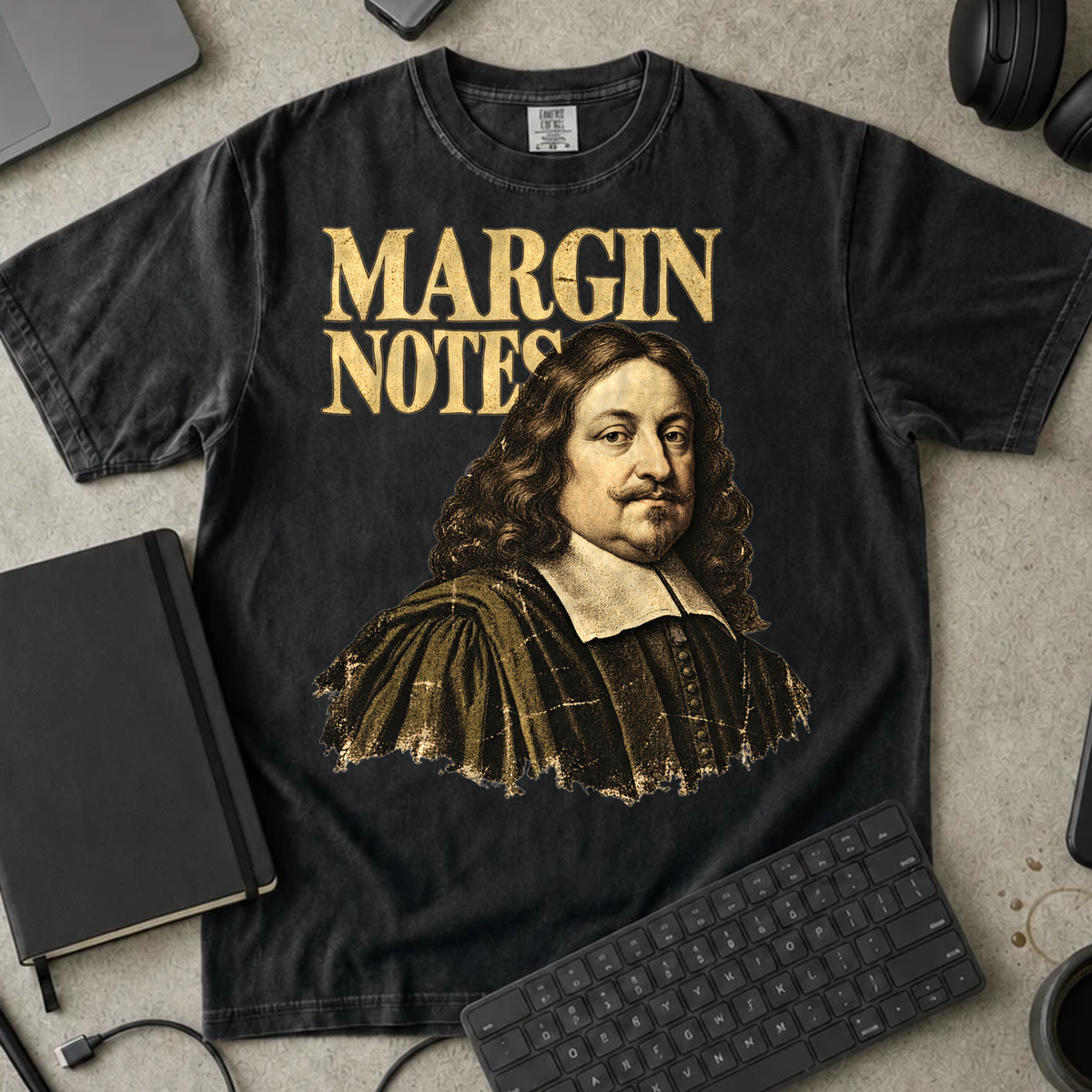 Margin Notes Shirt — Black Comfort Colors 1717 flat lay