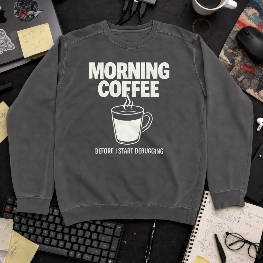 Morning Coffee Before I Start Debugging Sweatshirt — Pepper