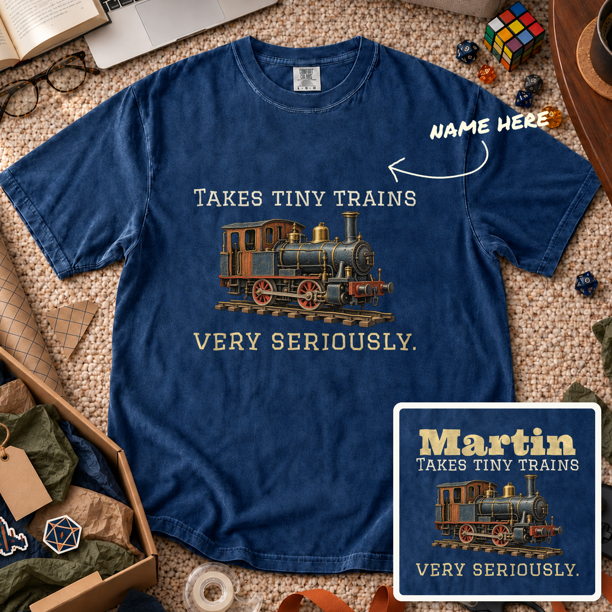 Takes Tiny Trains Seriously Custom Shirt — personalized True Navy Comfort Colors 1717
