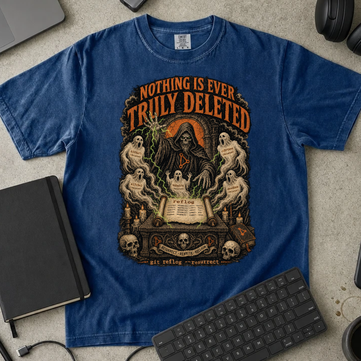 Nothing Is Ever Truly Deleted Shirt — True Navy Comfort Colors 1717 flat lay