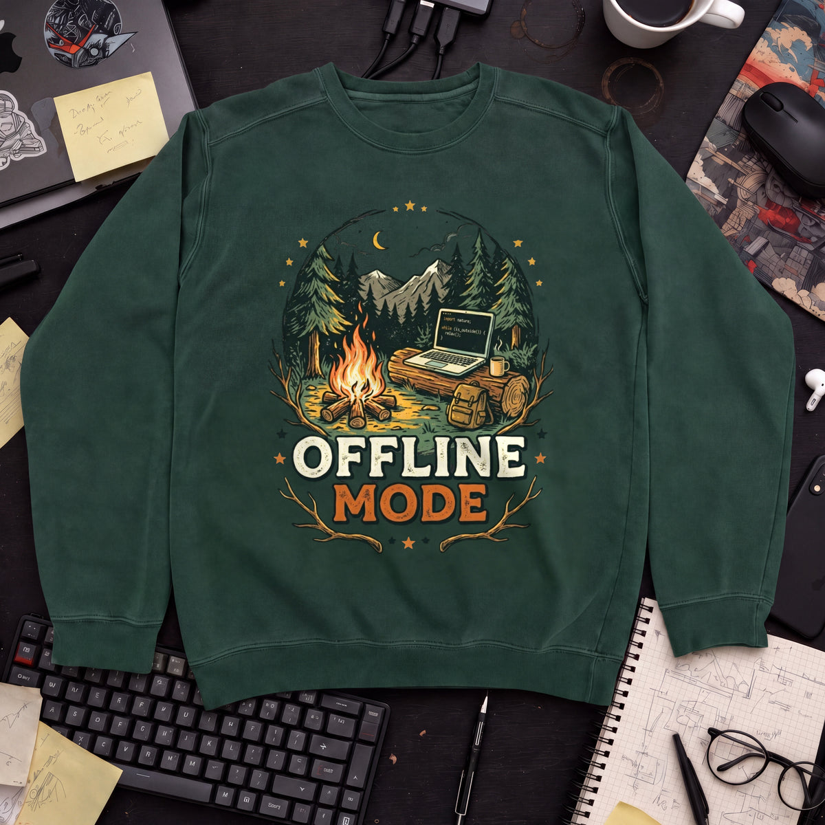 Offline Mode Campfire Sweatshirt — Bottle Green