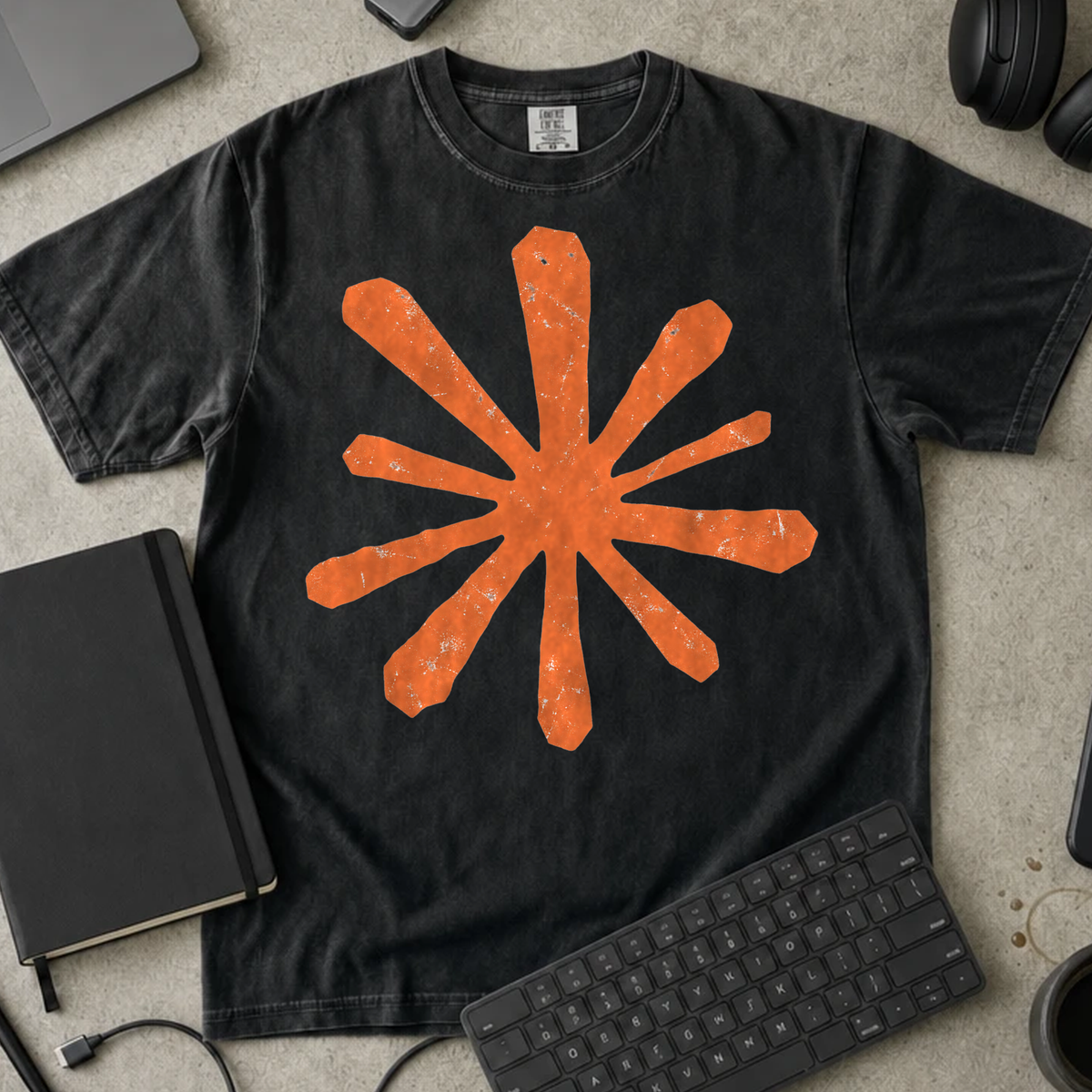 Orange Asterisk Shirt — Black Comfort Colors 1717 flat lay