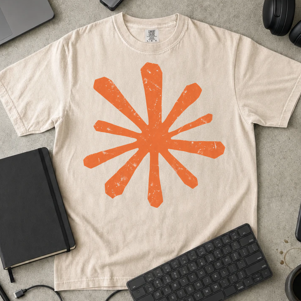 Orange Asterisk Shirt — Ivory Comfort Colors 1717 flat lay