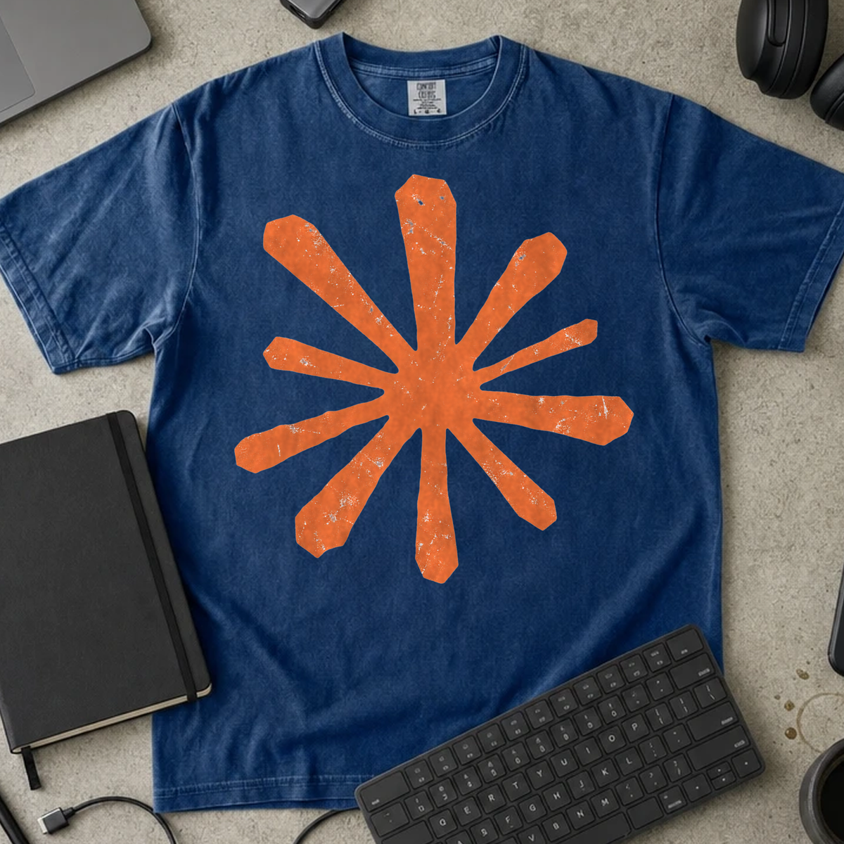 Orange Asterisk Shirt — True Navy Comfort Colors 1717 flat lay