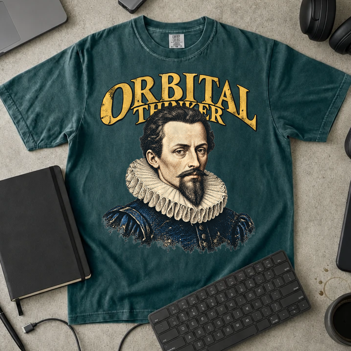 Orbital Thinker Shirt — Blue Spruce Comfort Colors 1717 flat lay