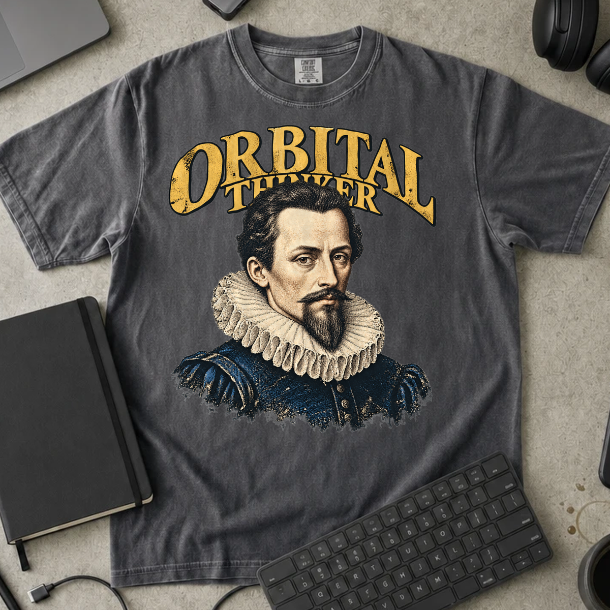 Orbital Thinker Shirt — Pepper Comfort Colors 1717 flat lay