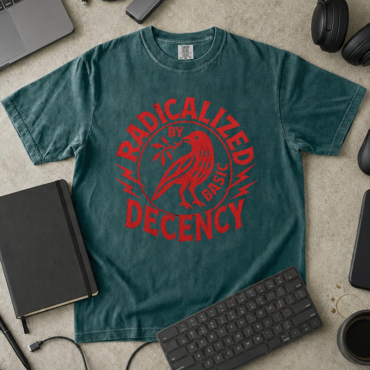 Radically Decent Premium Shirt - Blue Spruce Flatlay Mockup