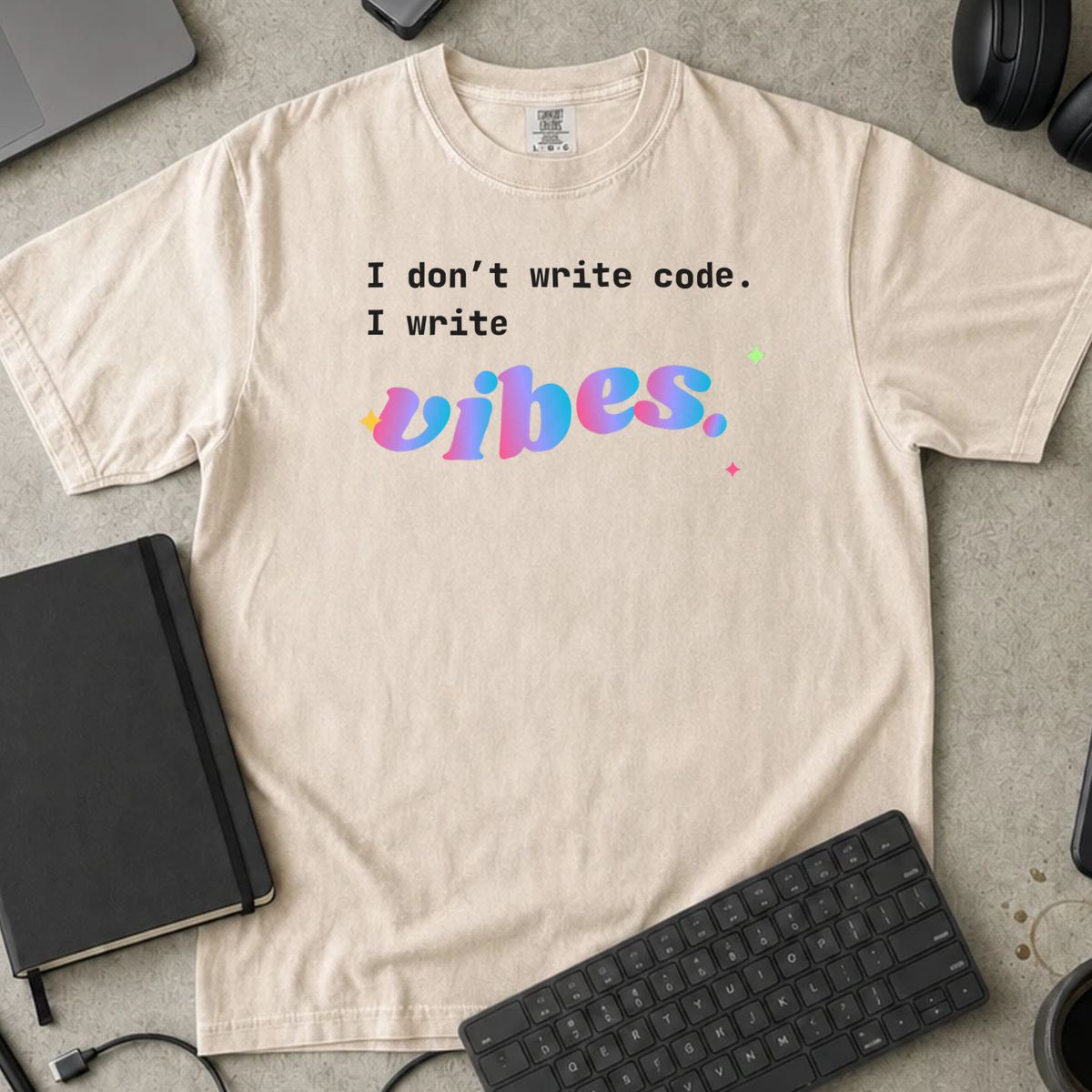 I Don't Write Code I Write Vibes Shirt — Ivory Comfort Colors 1717 flat lay