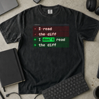 I Don't Read the Diff Shirt — Black Comfort Colors 1717 flat lay